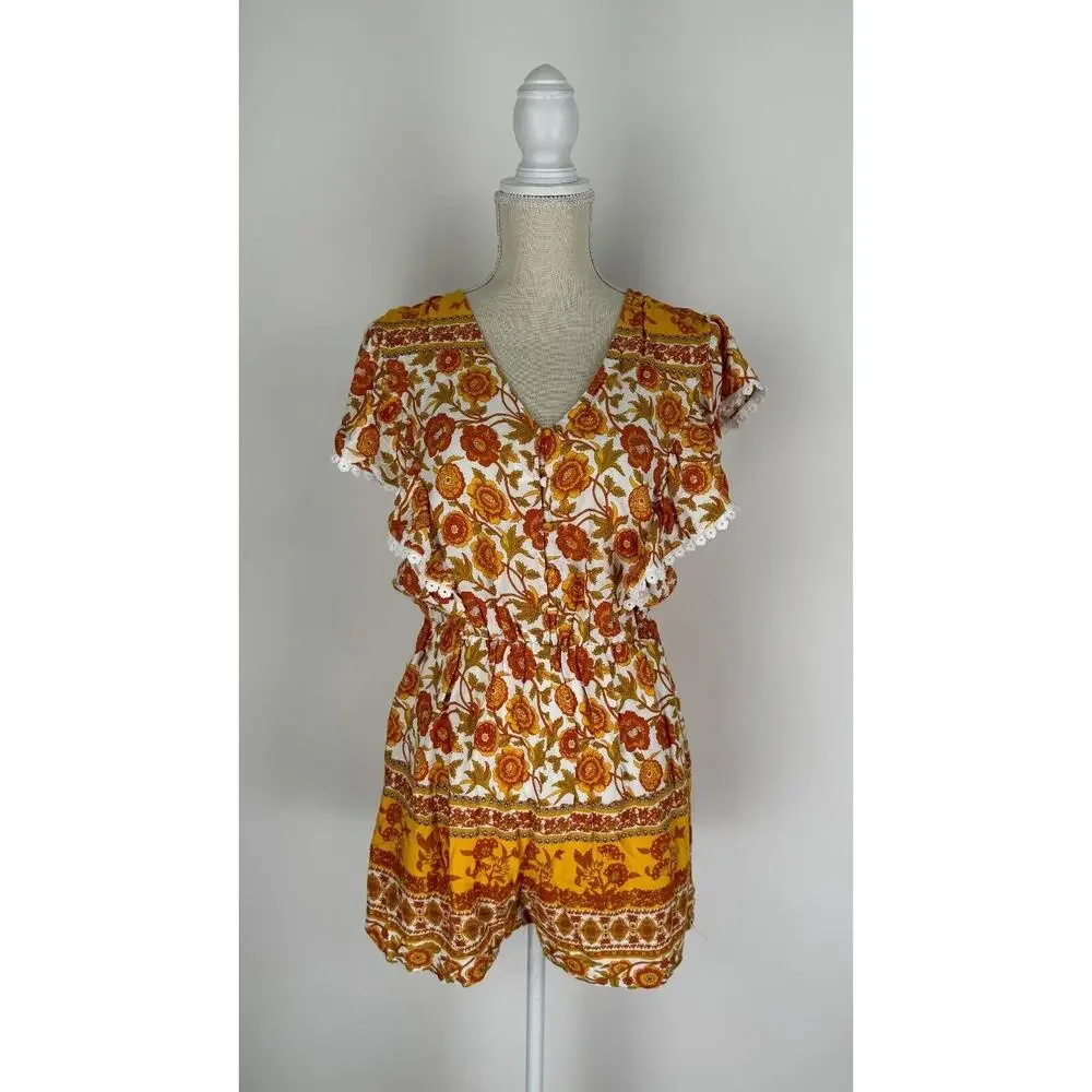 Entro Womens Orange Gold Floral Playsuit Romper Elastic Waist Size Small NWT